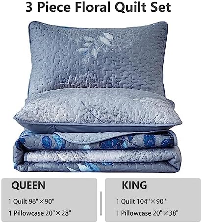 WONGS BEDDING Blue Floral Quilt Set King Size 3 Pieces