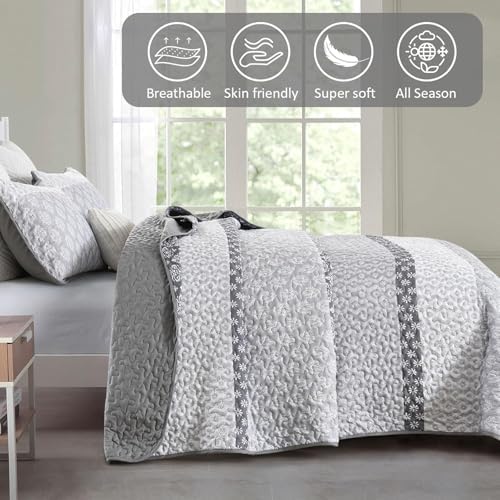 Boho Quilt Set Full Size Gray Striped Bedding 3 Pieces