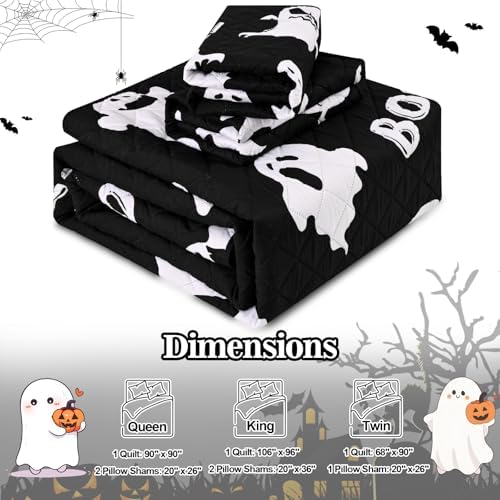 ASPMIZ Halloween Queen Quilt Set 90x90 Reversible Black Ghost Comforter