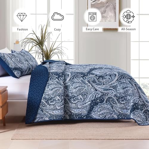 DJY Navy Paisley Quilt Set 3 Pieces King Size