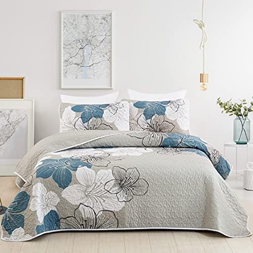 DJY 3 Piece Quilt Set California King Blue Floral Bedspread