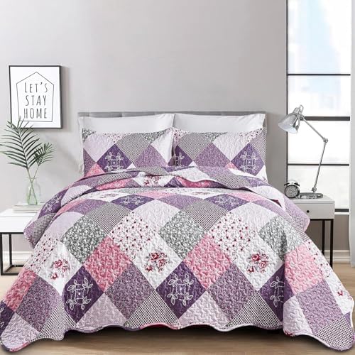 Dinjoy Purple Floral Quilt Set Cal King Size