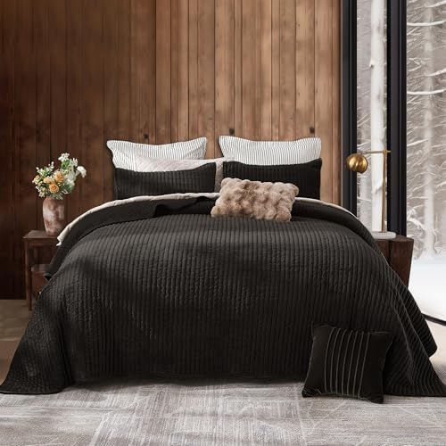 SHALALA Velvet Quilt King Size Set Dark Brown 3-Piece