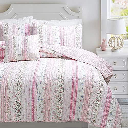 Cozy Line Pink Flower Lace Ruffle Stripe Quilt Bedding Set