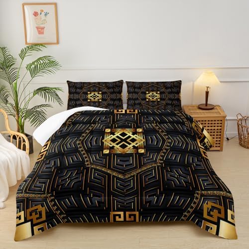 Black Gold Plaid Comforter Set Queen Size