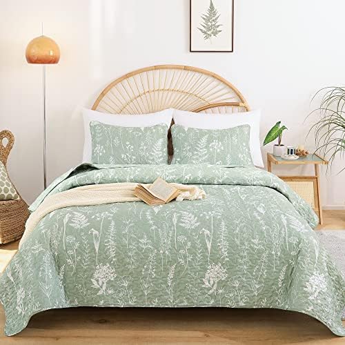 JANZAA King Size Sage Green Quilt Set - Boho Floral Pattern