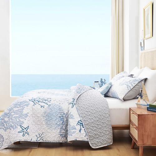 Weigelia Coastal Quilts Queen Bedding Set - Blue Nautical Comforter with Pillow Cases