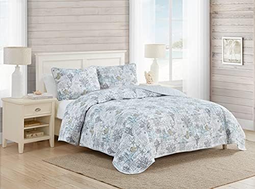 Tommy Bahama Queen Quilt Set Reversible Cotton Bedding with Shams Beach Bliss Grey