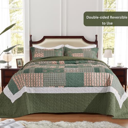 LEAONME 3-Piece California King Quilt Set Olive Green 1