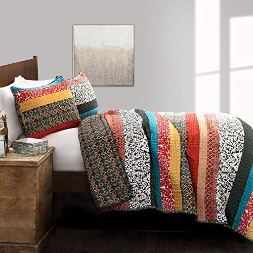 Boho Stripe Reversible Cotton Quilt Set King Turquoise Tangerine