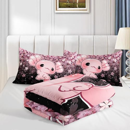 QOOMO Kawaii Axolotl Comforter Set Twin Size Pink Cherry Blossom