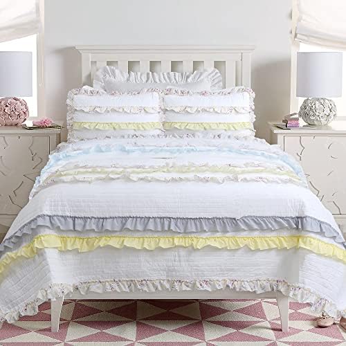Cozy Line Light Yellow Blue Ruffle Stripe Quilt Bedding Set Queen 3 Piece