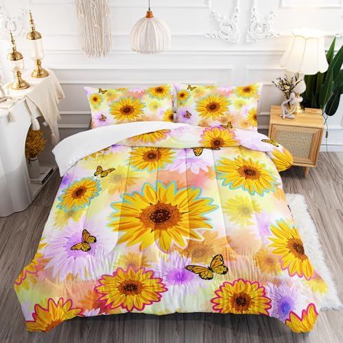 XYNHML Sunflower Butterfly Comforter Set Full Size Yellow Tie Dye