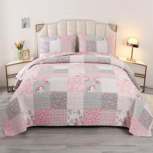VIVILINEN Pink Full Queen Quilt Set Reversible
