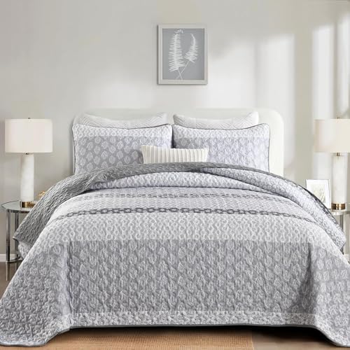 Boho Quilt Set Full Size Gray Striped Bedding 3 Pieces