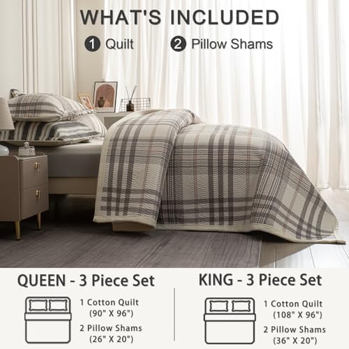 Tohrisa Cotton Plaid Quilt Set - 3 Piece King Size Reversible Bedding