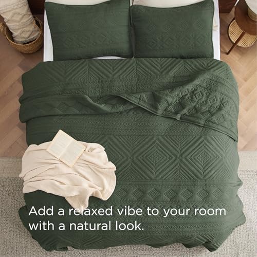 Bedsure Boho Quilt King Size - Olive Green Geometric