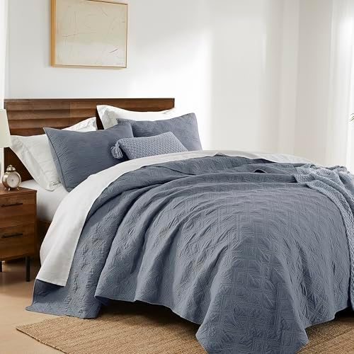 WDCOZY Blue Grey Cotton Quilt Set King Size 1