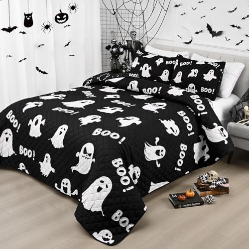 ASPMIZ Halloween Queen Quilt Set 90x90 Reversible Black Ghost Comforter