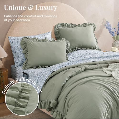 BLOOMHAVEN Queen Comforter Set 7-Piece Ruffle Sage Green