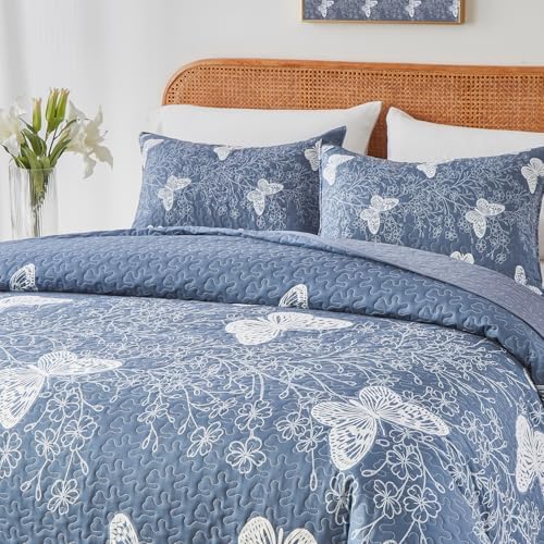 Yogeneg Full Queen Quilt Set with White Butterfly Pattern