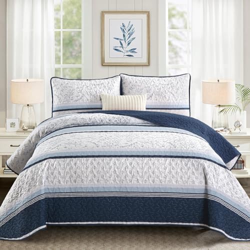 DJY Striped Quilt Set Queen Size Navy Blue