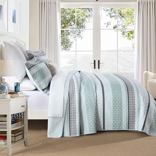 Homzard Cotton Queen Quilt Set Mint Green Grey Striped Bedding 3 Piece