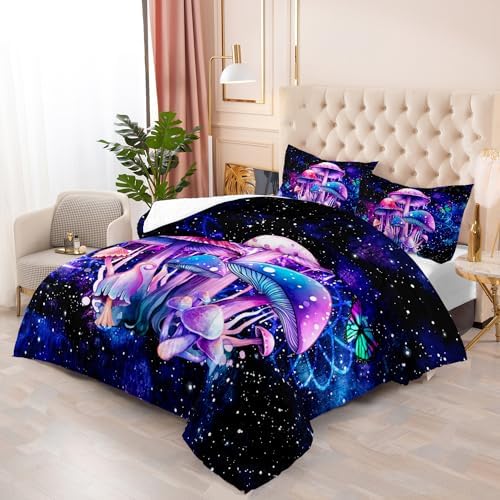 Fantasy Mushrooms Comforter Set Full - 3 Pieces Violet Down Alternative Quilt Bedding