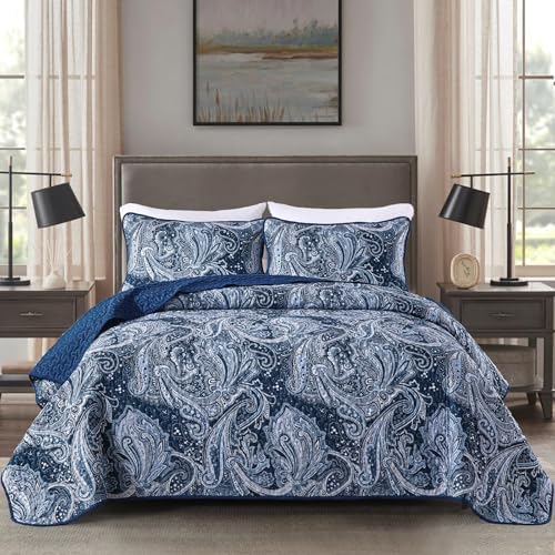 DJY Navy Paisley Quilt Set 3 Pieces King Size