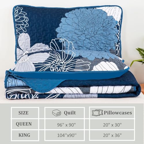 Anibedding 3 Piece Navy Blue Floral Quilt Set Queen Size