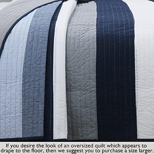 Cozy Line Tranquil Blue Gray Striped Reversible Quilt Bedding Set Queen - 3 Piece