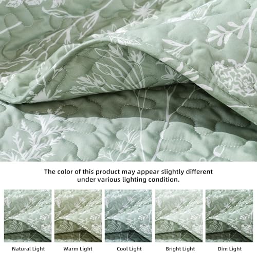 JANZAA King Size Sage Green Quilt Set - Boho Floral Pattern