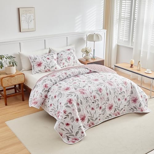 Flysheep Botanical Quilt Set 3 Piece Blush Pink Grey Flowers