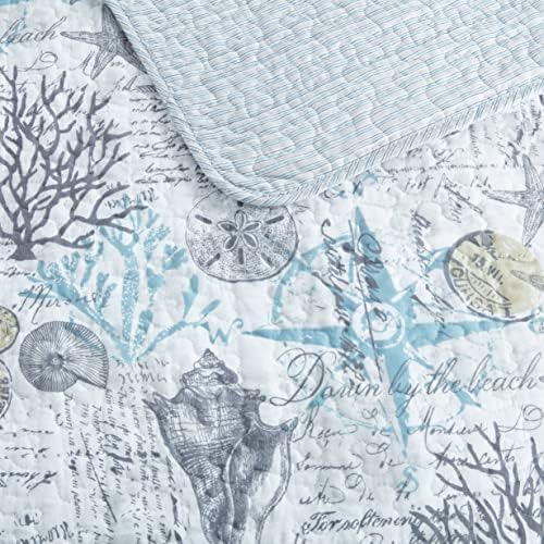 Tommy Bahama Queen Quilt Set Reversible Cotton Bedding with Shams Beach Bliss Grey
