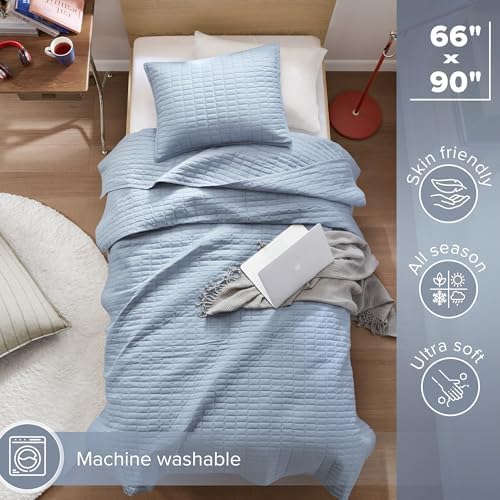 Comfort Spaces Kienna Quilt Set - Blue Double Sided Lightweight Soft 2 Piece