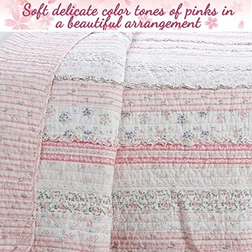 Cozy Line Pink Flower Lace Ruffle Stripe Quilt Bedding Set