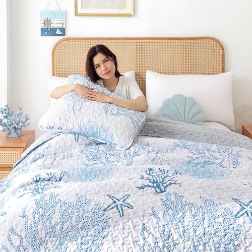 Weigelia Coastal Quilts Queen Bedding Set - Blue Nautical Comforter with Pillow Cases