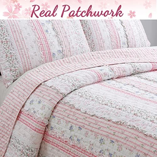 Cozy Line Pink Flower Lace Ruffle Stripe Quilt Bedding Set