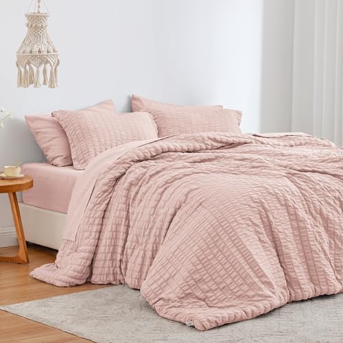 Loves Cabin Seersucker Pink Twin Comforter Set 5 Pieces