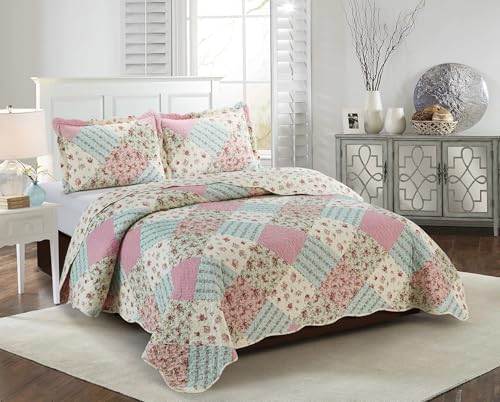Brilliant Sunshine Pink Green Rose Patchwork Pillowshams Set