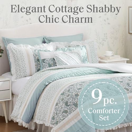 Madison Park Dawn 9-Piece Cotton Comforter Set - Shabby Chic Design Aqua