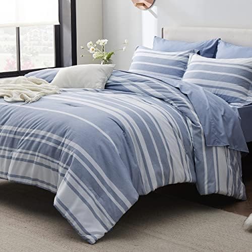 Bedsure Full Comforter Set 7 Pieces Blue Striped