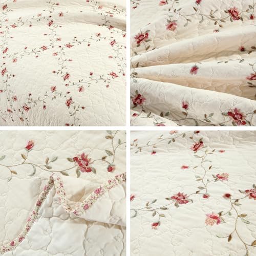 Vctops 3-Piece Floral Embroidered Quilt Set