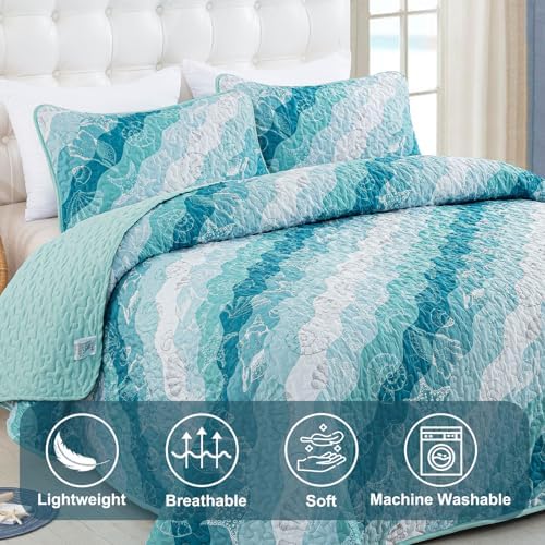 Dinjoy Coastal Blue Green Queen Quilt Set