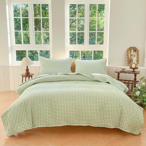 Sage Green Gingham King Quilt Set with Pillow Shams