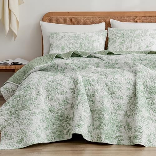 Wonderful Sage Green Floral Reversible Quilt Set Queen Size