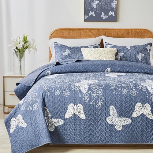 Yogeneg Full Queen Quilt Set with White Butterfly Pattern
