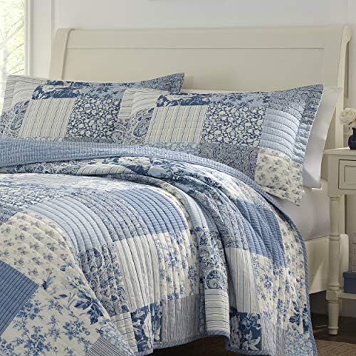 Laura Ashley Twin Quilt Set - Paisley Printed Patchwork Blue