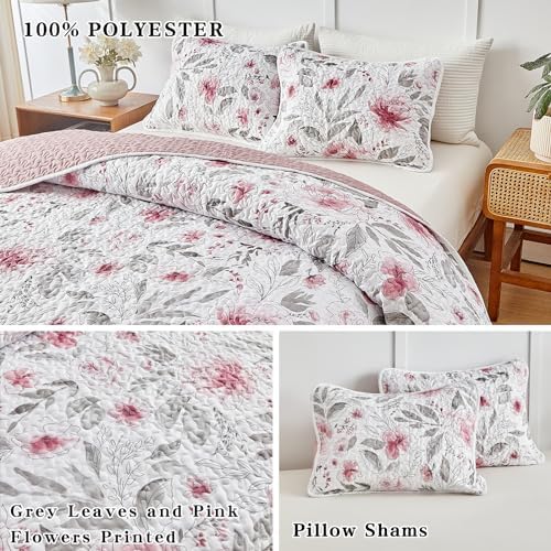 Flysheep Botanical Quilt Set 3 Piece Blush Pink Grey Flowers