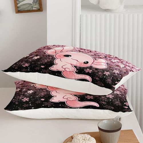 QOOMO Kawaii Axolotl Comforter Set Twin Size Pink Cherry Blossom
